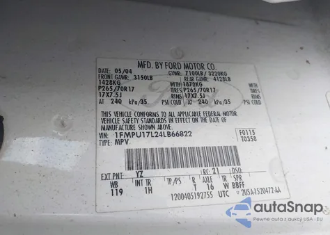 2004 Ford Expedition Eddie Bauer из США, поврежденный, VIN 1FMPU17L24LB66822